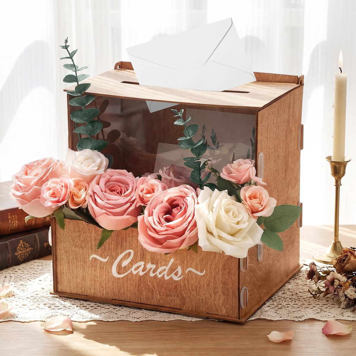 AceOrbit Wooden Rustic Wedding Card Box for Reception with Acrylic Window & Flower Holder, 9.8" Wood Money Gift Card Box with Slot, Holds 250 Cards, for Honeymoon Fund Graduation Baby Shower Party