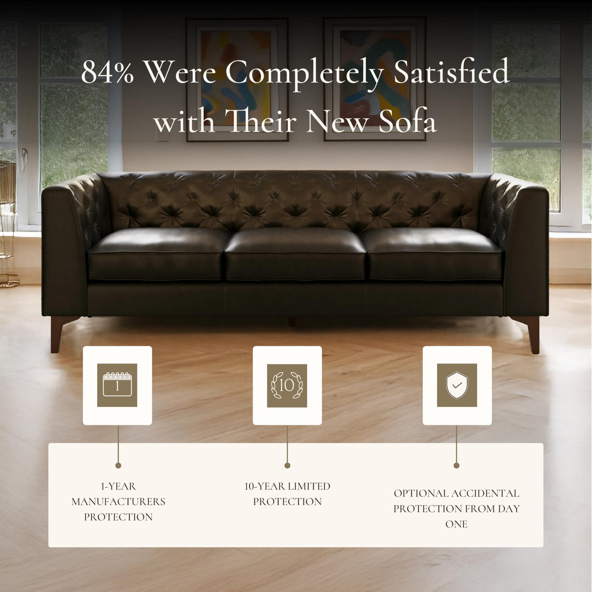 POLY & BARK Essex 89” Full-Grain Italian Leather Sofa – Tufted Back, Feather-Down Comfort, Solid Wood Frame, Onyx Black