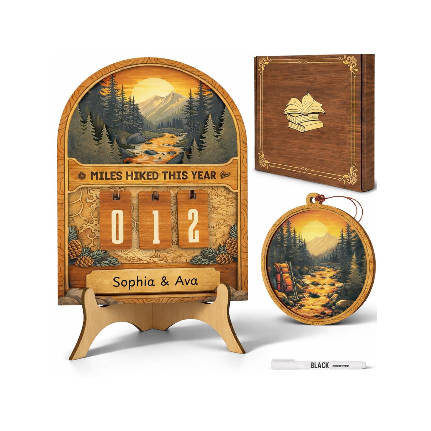 Hiking Gifts For Men Women Miles Hiked This Year Counter Personalized Wooden Trail Tracker Mountain Forest Decor With Hiking Ornament Pen Storage Box Unique Birthday Father Mothers Day Christmas