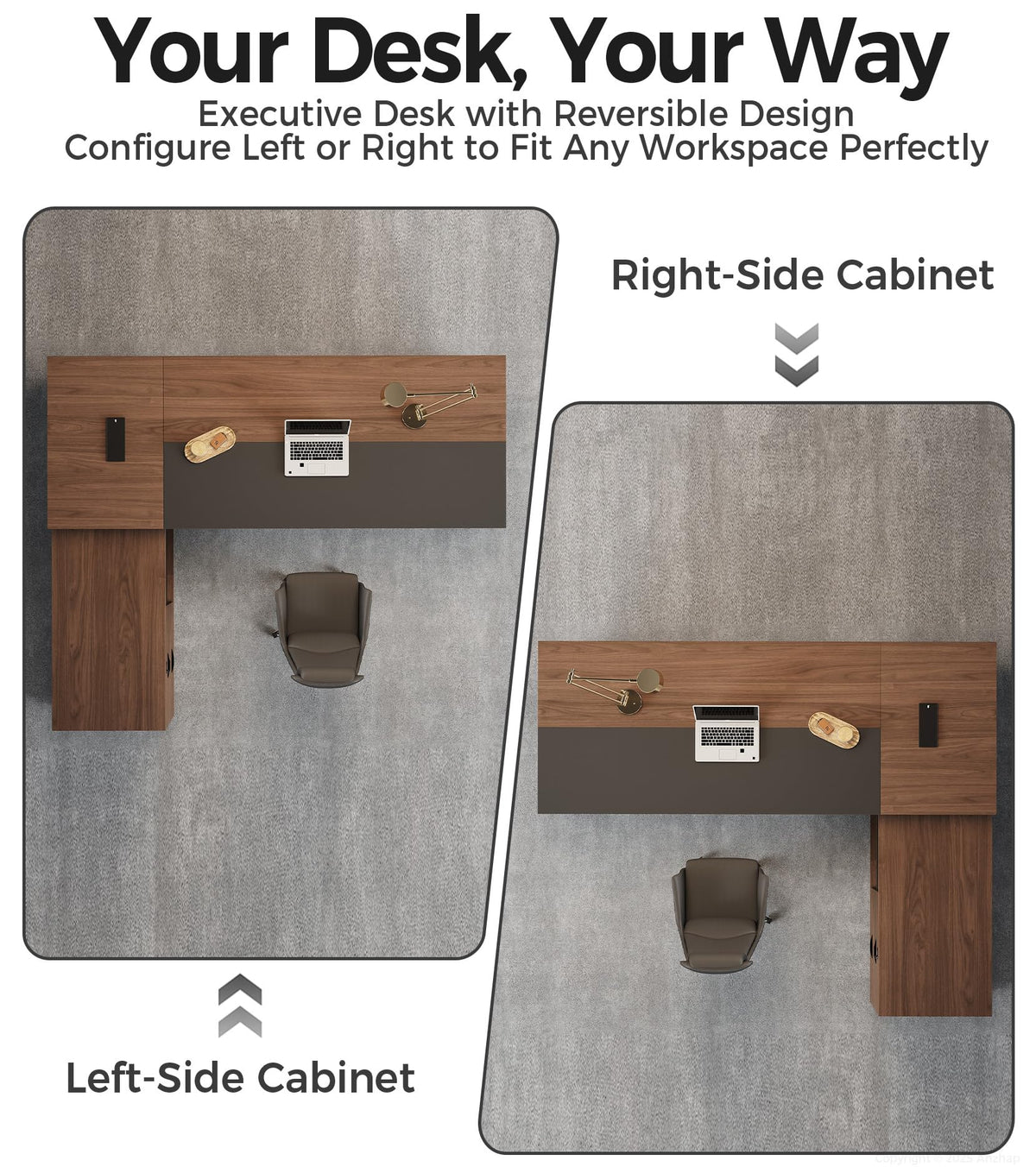 71" Reversible L-Shaped Executive Desk with Drawers โ Large Office Computer Desk with Open Shelves, LED Lighting, Built-in Outlet & USB Ports for Home Office, Corporate, School (71"W x 63"D x 30"H)