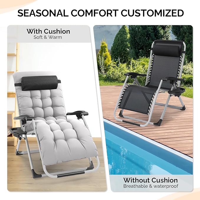 VINGLI 29" Padded Zero Gravity Chair, Lounge Chair with Removable Cushion & Tray, Folding Reclining Patio Chairs, Recliner Chair for Lawn,Indoor Outdoor-Grey