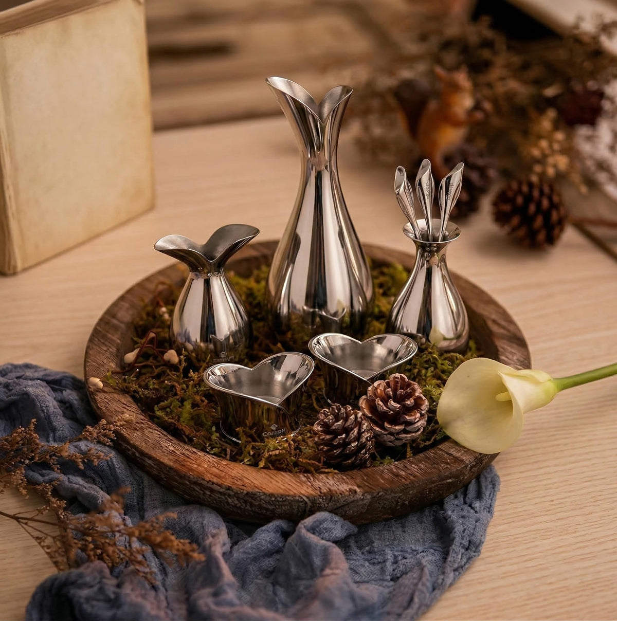 Gdesign Stainless Steel Home Decor Accessory Set, Flatware Table Set with Small Vase, Dessert Fork and Holder, Napkin Ring, Salt and Pepper Shaker, Tealight Candle Holder, Gift for Wedding, Birthday