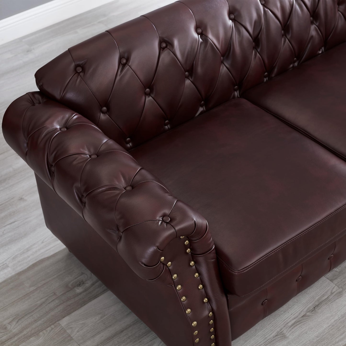 GDFStudio 86" Mid-Century Modern Chesterfield Sofa with Storage, 3 Seater Deep Seat Upholstered Faux Leather Couch with Tufted Back and Nailhead Trim, Rolled Arm Accent Sofa for Living Room, Burgundy