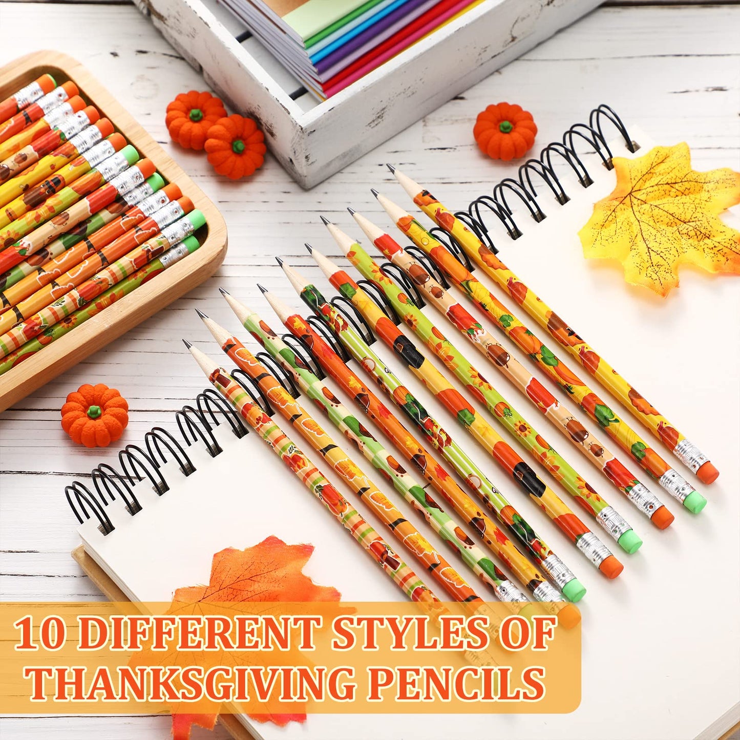 Crtiin 50 Pcs Fall Pencil Thanksgiving Assortment Wood Pencils Autumn Cylinder Funny Pencils Maple Leaf Turkey Pumpkin Decorative Pens for Kids School Supplies Autumn Party Gift, 10 Styles