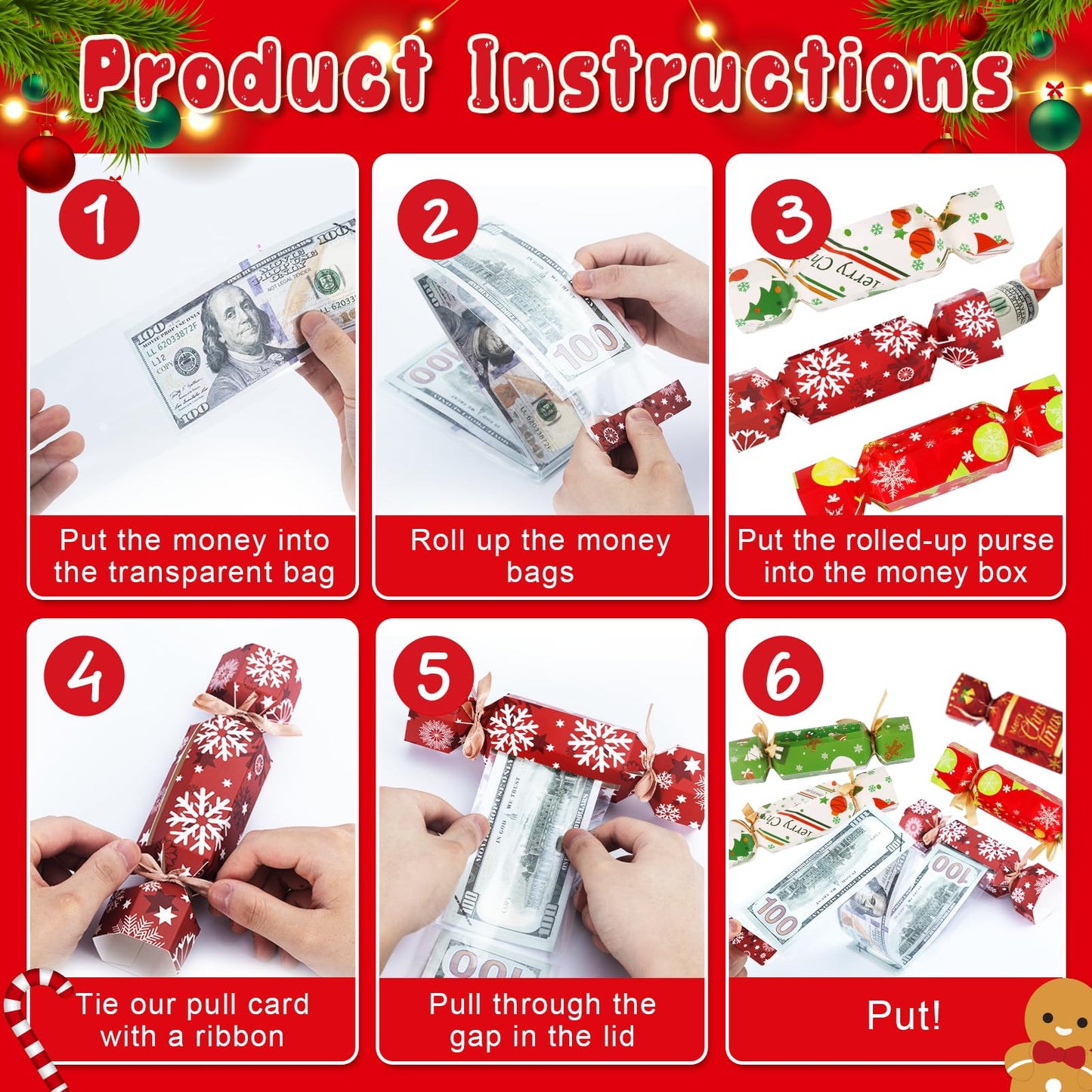 8 Pcs Christmas Surprise Money Pull Pouch Christmas Money Box for Cash Gift Pull Xmas Cash Holder for Cash for Kid Adult with 80 Pcs Transparent Bags Creative Way to Give Dollar Gift