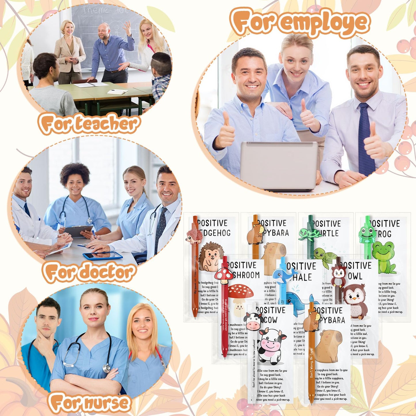 Landical 16 Set Positive Animal Pens Graduation Gift Bulk Cute Funny Pen with Inspirational Card Employee Appreciation Gift for Office Coworker Staff Nurse Teacher Student Classroom