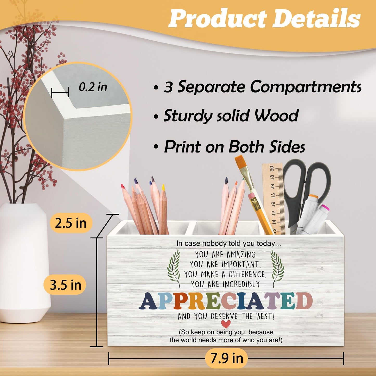 Yjeslw Inspirational Pen Holder Organizer for Desk Accessories, Teacher Appreciation Gifts, You Are Amazing Motivational Quote Wooden Box Sign Desk Decorations for School Office Tabletop Decor