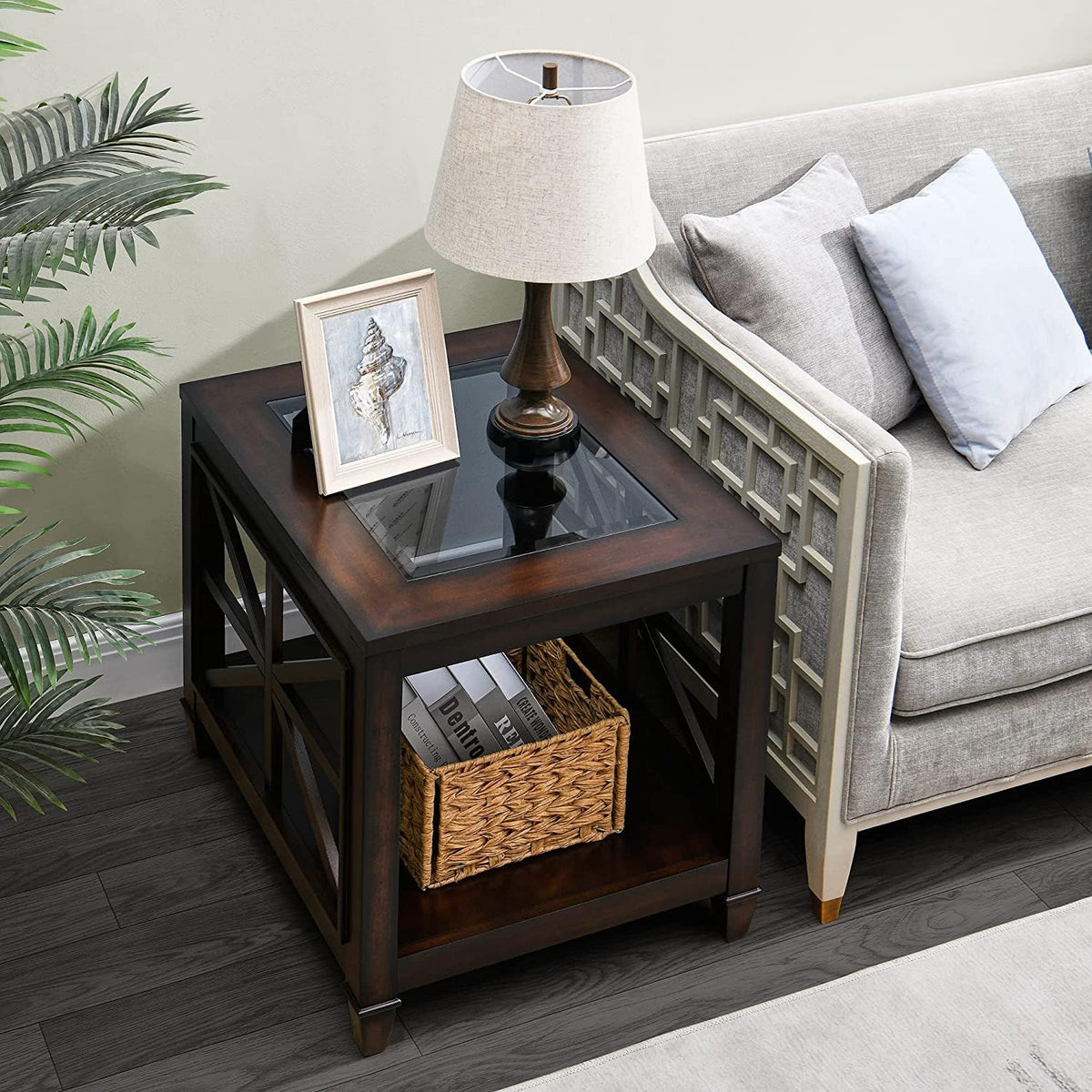 BAXMUY Solid Wood End Table with Tempered Glass Top, 28" x 24" Large Farmhouse Side Table for Living Room, Bedroom & Office, Vintage Walnut