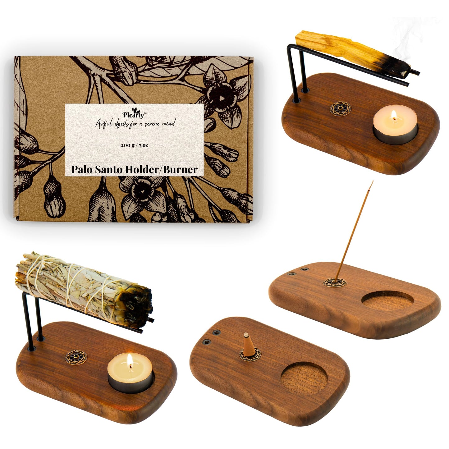 PLEARTY 4 in 1 Walnut Wood Palo Santo Holder Hand-Crafted Incense Sticks Holder for Burning Sage with Booklet The Most Complete Palo Santo Holder for Your Meditation Room Home Decor Gift