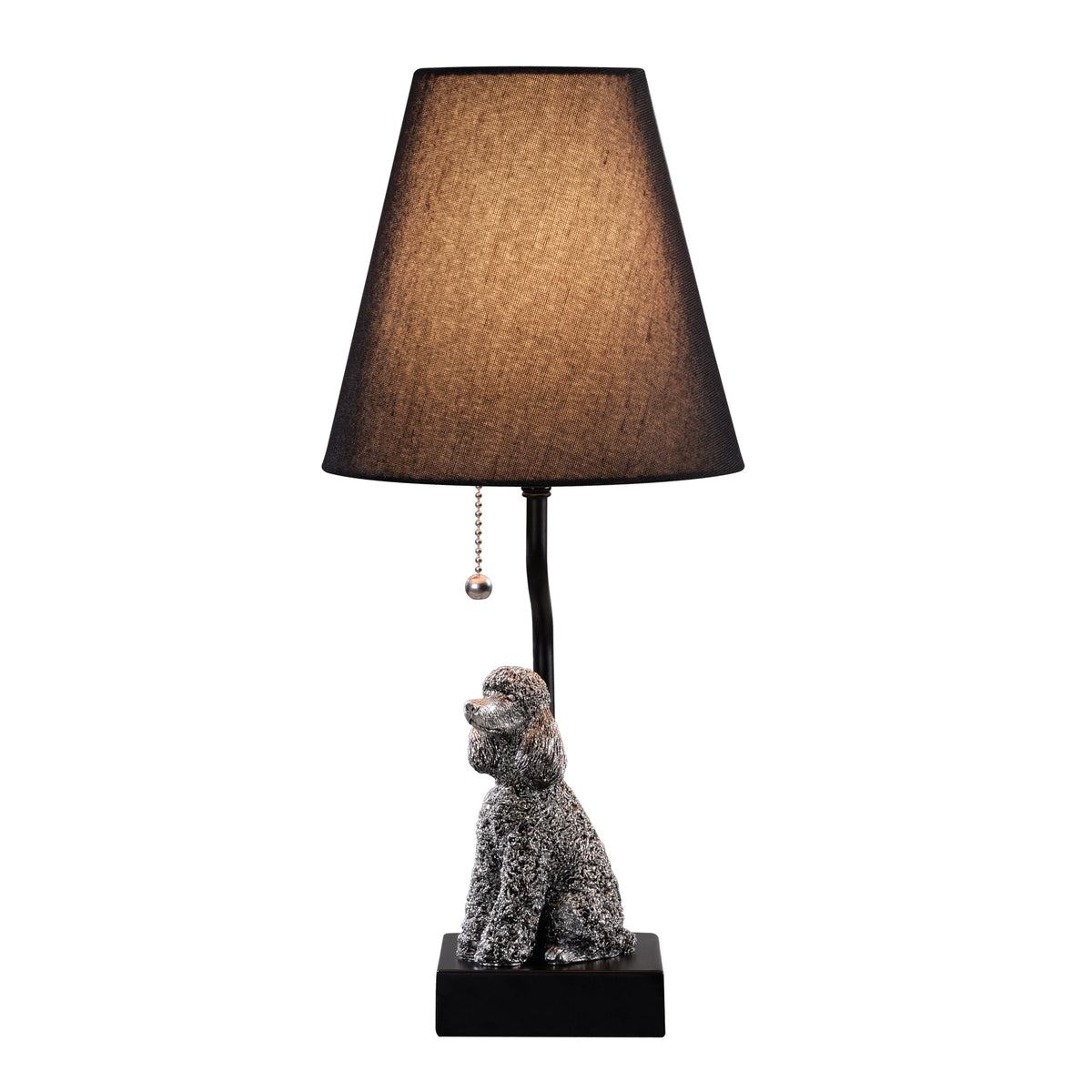 JJDQB Portable Poodle Table Lamp with USB-C & USB-A Charging Ports, Black Fabric Shade & Dog Figurine Base, Nightstand/Bedside Lamp with Pull Chain Switch – Gift for Dog Lovers 24094