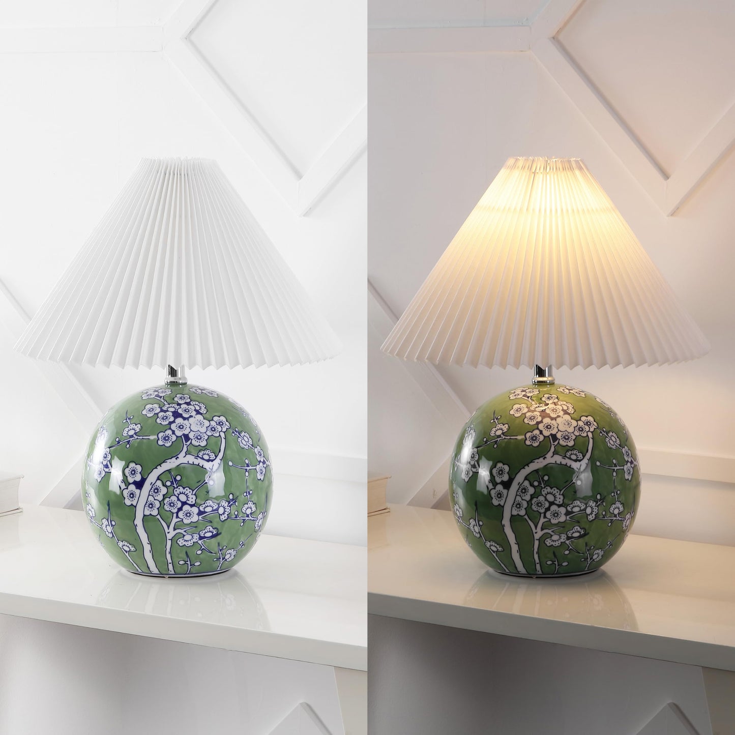 JONATHAN Y 19.5" Green/White Shishen Chinoiserie Ceramic Table Lamp, Traditional Hand-Painted Floral Cottage Lamp with White Pleated Linen Shade, LED Bulb Included JYL5056A