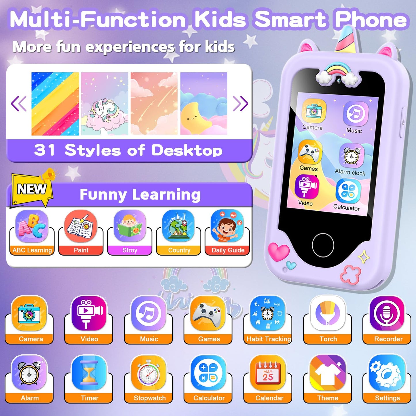 Kids Smart Phone for Girls, Christmas Birthday Gifts for Girls Age 3-10 Kids Toys Cell Phone, 2.8" Touchscreen Toddler Learning Play Toy Phone with Dual Camera, Game, Music Player, 8GB Card Purple