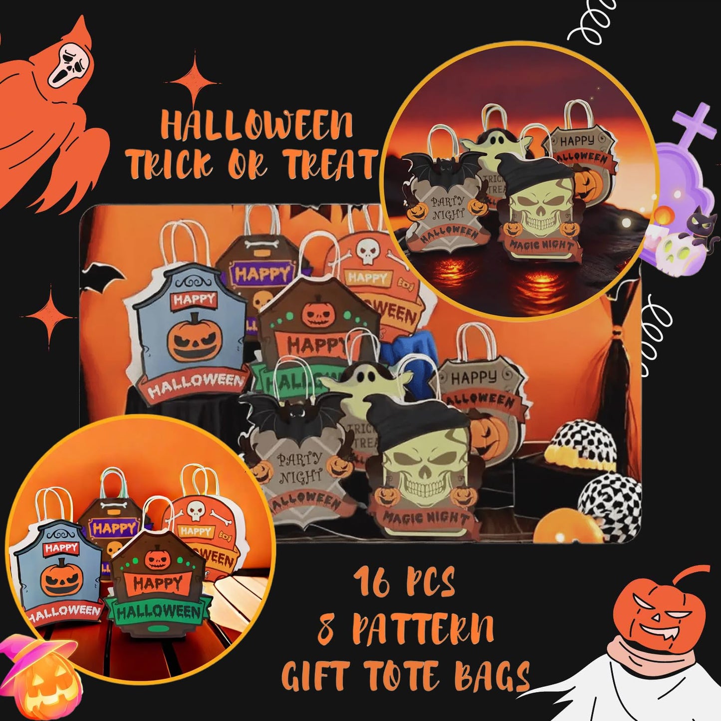 YUEZODU 16 Pcs Halloween Paper Bags with Handle, Gift Tote bags in 8 Designs for Trick or Treat Party Favors Supplies
