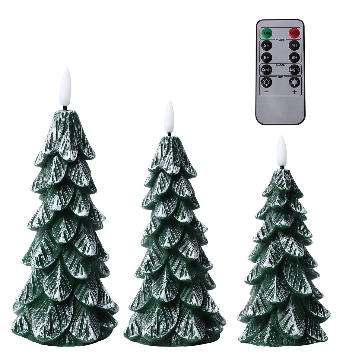 Peninpha 3Pcs Christmas Tree Candles with Remote Timer, Wax LED Flameless Candles Battery Operated with 3D Flickering Flame for Xmas Winter Décor,Green