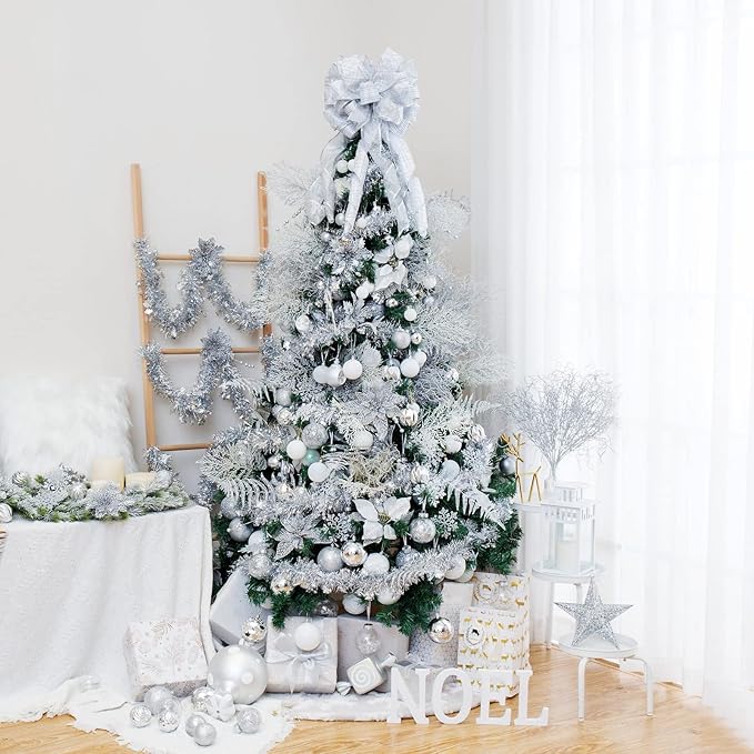 SY CRAFT 86 Pieces of Assorted Shatterproof Christmas Ball Snowflake Ornaments Seasonal Decorative Hanging Ornament Set with Hand-held Gift Package for Xmas Tree Decorations (86PCS, Silver)