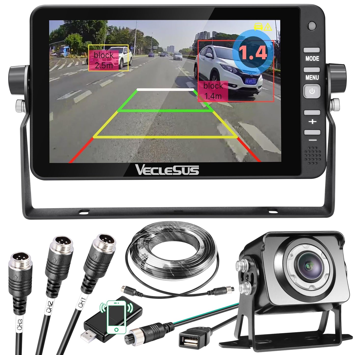 Backup AI Camera for Trucks,VAS Wire Reversing AI Camera System 7-inch 1080P HD Monitor 3 Video 2 Audio Inputs with Automatic Pedestrian&Vehicle Detection,Adjustable Reverse Guidelines