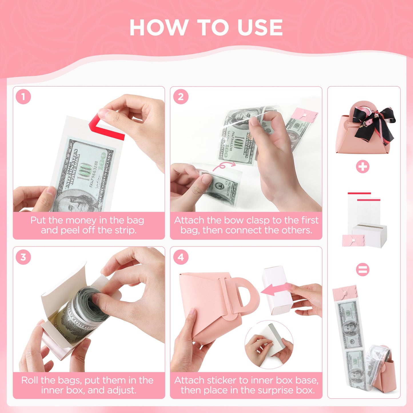 2PCS Money Pull Box for Cash, Leather Surprise Money Boxes with Ribbon Mini Money Pull Bags with 30 Pcs Transparent Bags for Birthday Party Christmas (Pink)