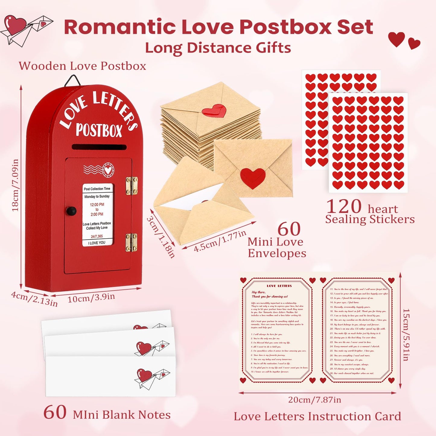 Faccito Romantic Love Postbox with 60 Mini Love Notes and Envelopes Loveletters for Mother's Day Him Long Distance Relationship Gifts for Husband Boyfriend Couple Mother's Gifts(Red,Classic)