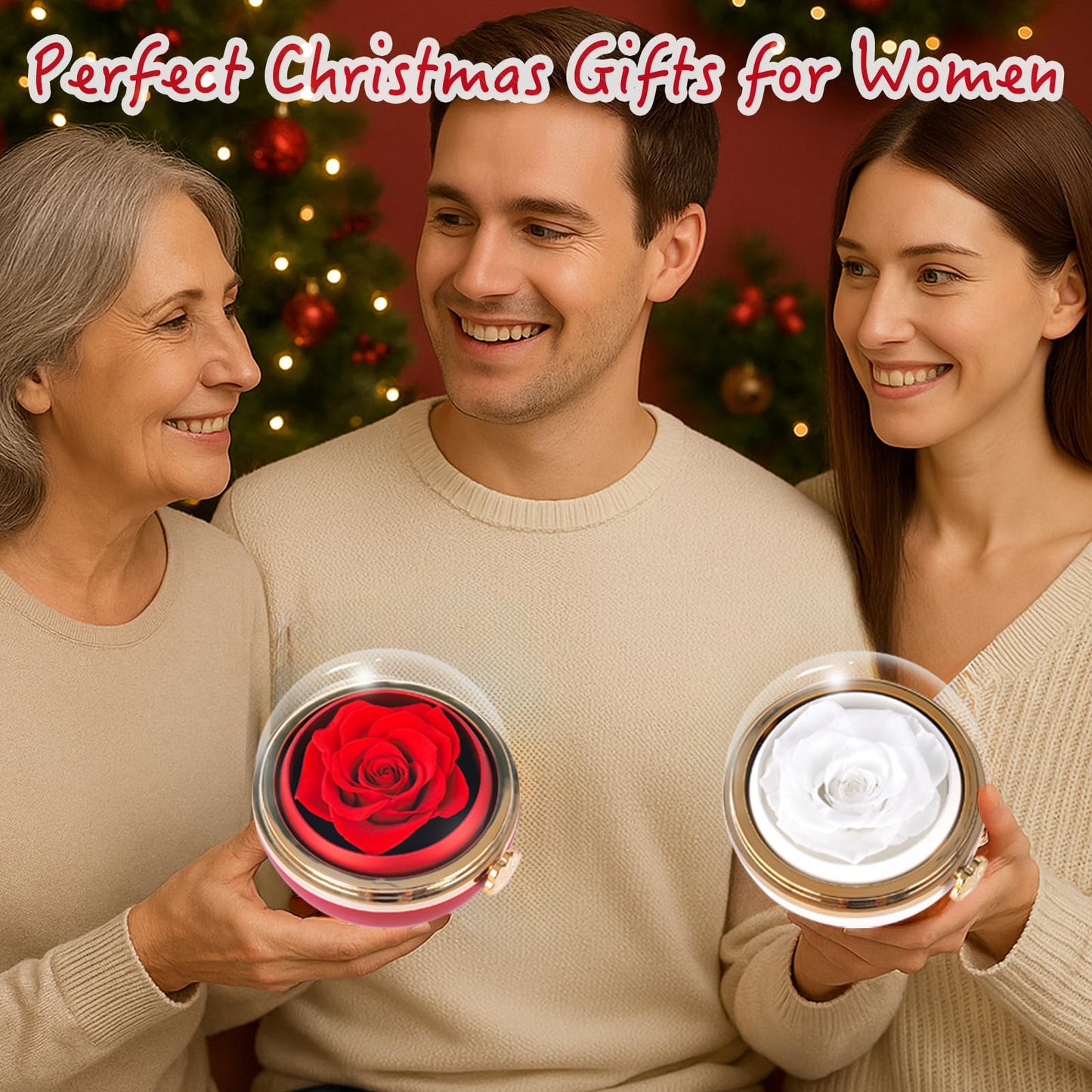 Rotating Preserved Real Rose Gift Box with I Love You Necklace – Spherical Eternal Flower Gifts for Mom, Wife, Grandma, Girlfriend – Forever Love Women Gifts for Christmas, Valentine’s Day (Red)