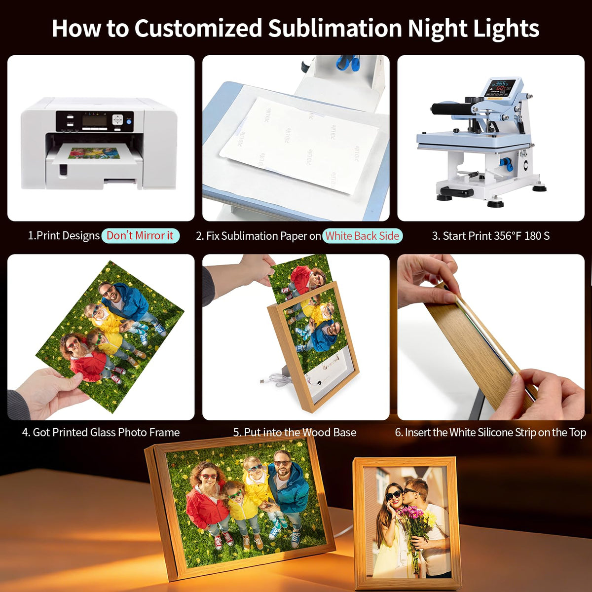 PYD Life 2 Pack A5 Night Light LED Photo Frames Panels with Sublimation Glass Sheets 5.9" x 7.87", with Wooden Frame 3 Light Modes, Custom Sublimation Blanks Night Lights for Tabletop Home Decor