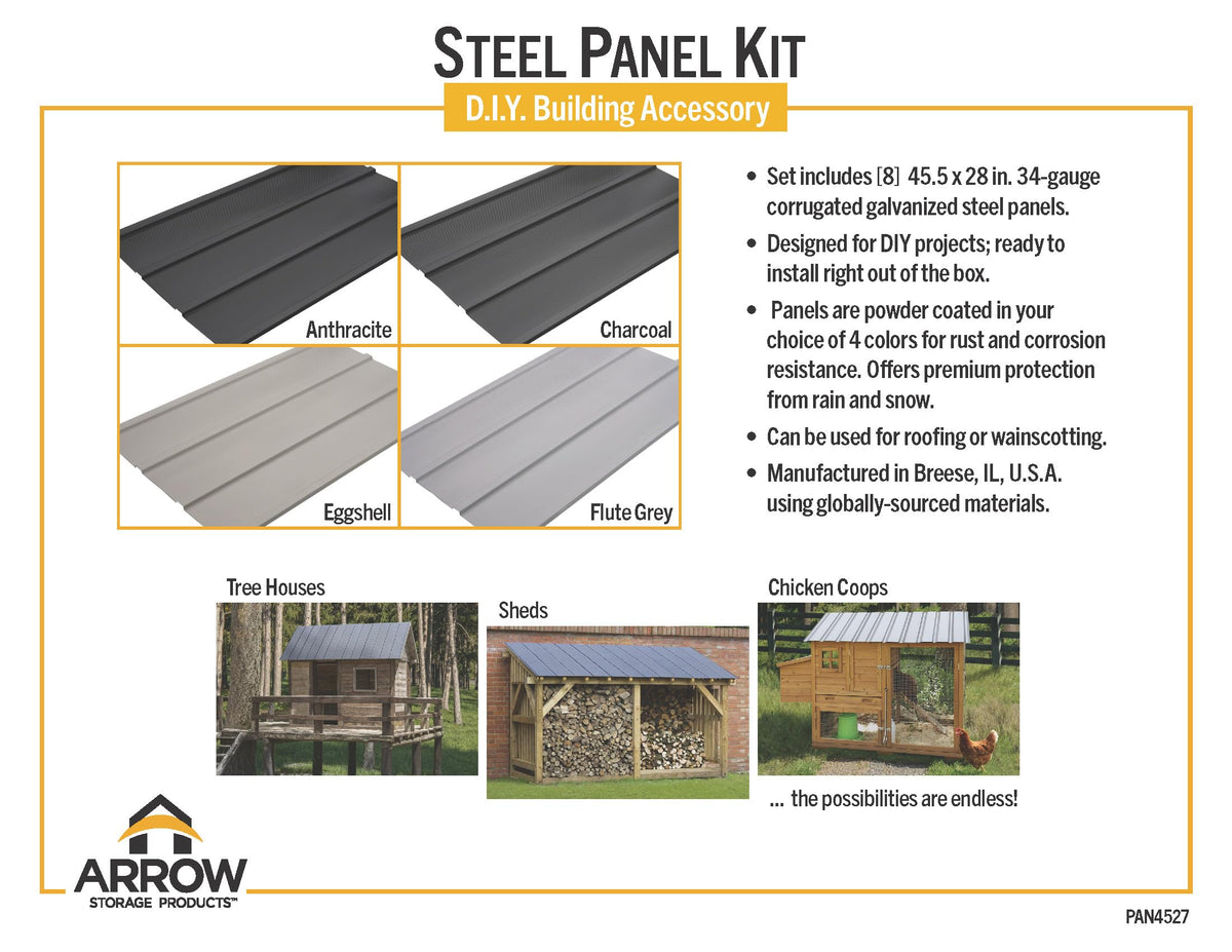 Arrow Set of 8 Galvanized Steel 2x4 Ft Corrugated Metal Panels for DIY Shed, Garage, Carport, and Mobile Home Projects, Made in USA, Flute Grey