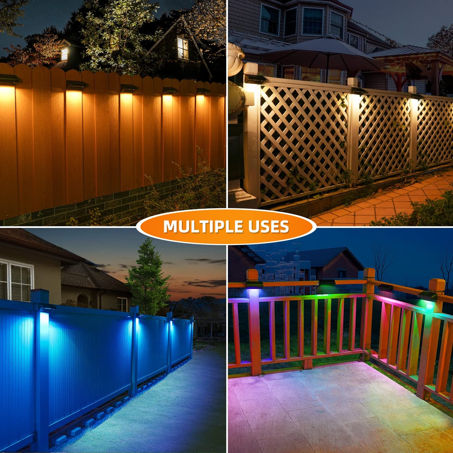 Aulanto Solar Fence Lights 8 Pack-Plus,100 Lumen Big Outdoor Solar Light IP65 Waterproof, Warm White and 10 RGB Modes,Fence Lights Otdoor Solar Lighting for Backyard,Garden,Fence,Wall,Deck,Stairs.