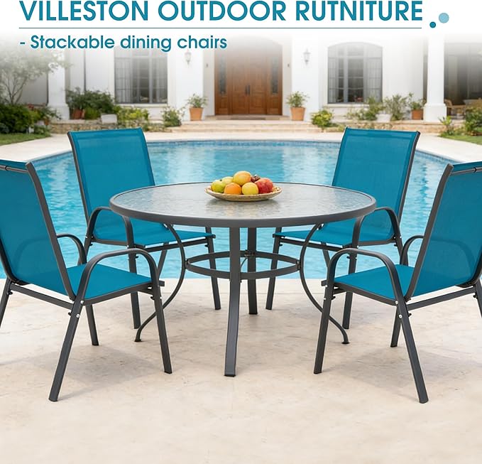 Outdoor Stackable Chairs Set of 4, Stacking Patio Chairs with Textilene Fabric, Outside Furniture for Garden Backyard Balconie Poolside Deck, Blue