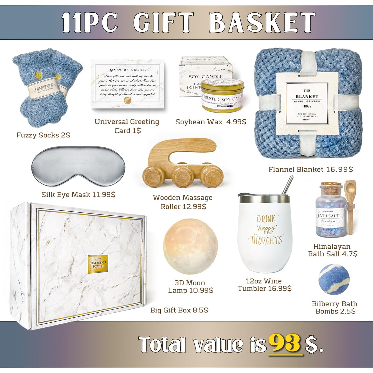 AHAGIFTREE Gift Baskets for Women,11PC Care Package,Think of You, Mother's Day,surgery recovery gifts for women,Get Well Soon After Surgery,Birthday Gifts,Thank You,Sympathy Gift Baskets