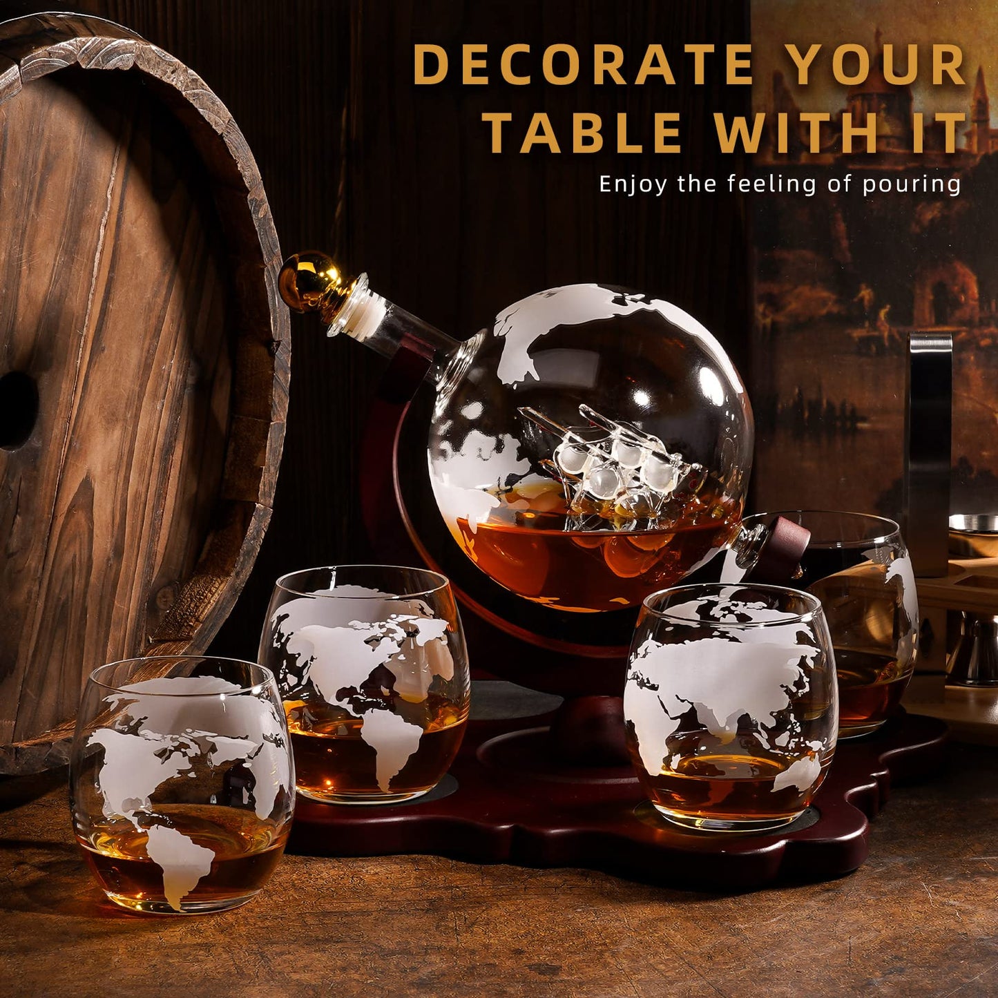 Gifts for Men Dad Husband Fathers Day, Whiskey Globr Decanter Set with 4 Etched Globe Glasses, Unique Anniversary Birthday Gifts for Brother Boyfriend, Cool Bourbon Whikey Gifts