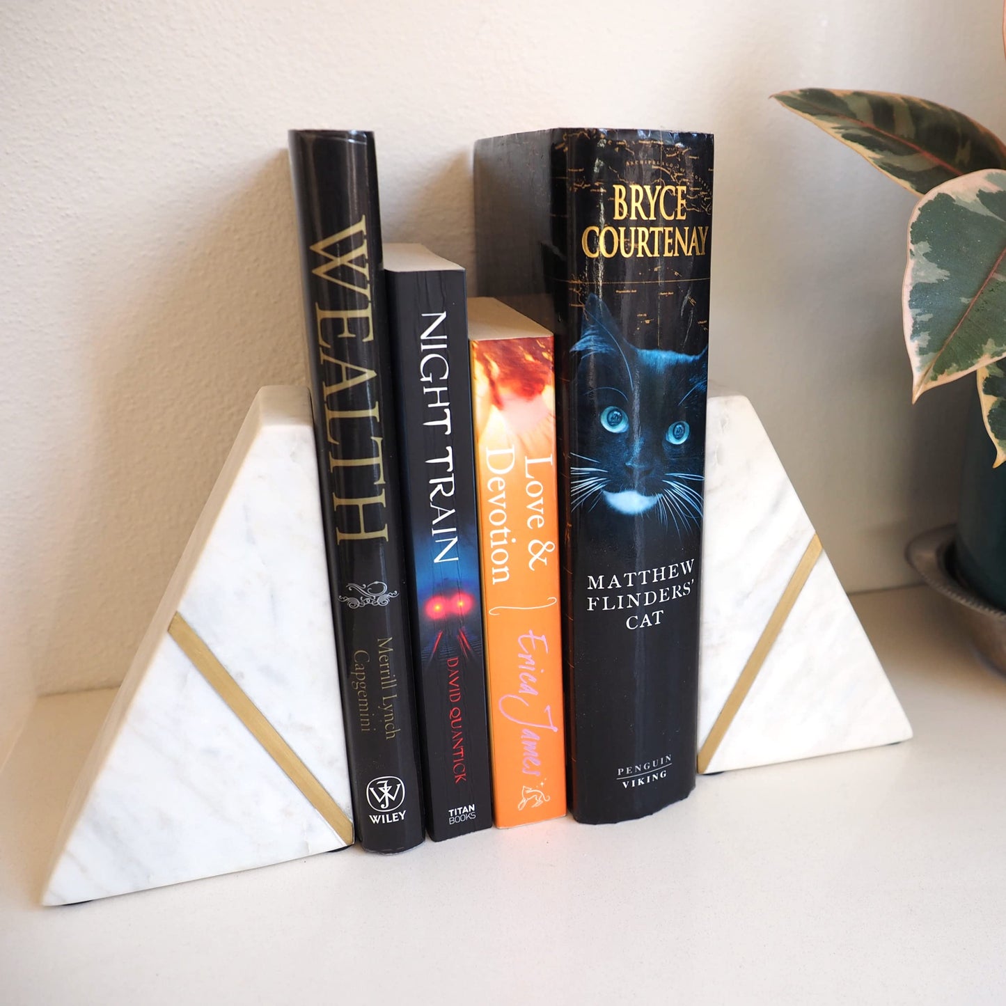Marble Bookends Handcrafted Heavy Marble Triangular Bookshelf Decor Brass Inlay Set of 2 Decorative Bookends Book Stoppers with Non-Skid Bottom Solid Home Kitchen Office Shelves Triangle