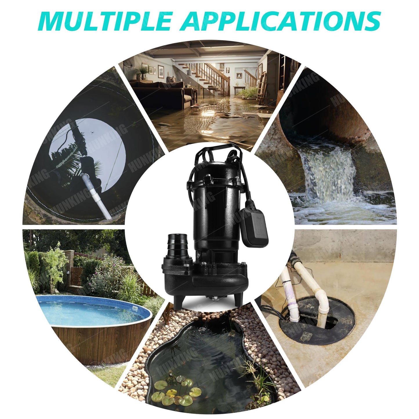 1HP Sewage Grinder Sump Pump, 110V 6400GPH Cast Iron Submersible Effluen Pumps with Auto Float Switch and Adapter for Basement, Sump Basin, Residential Sewage, 2" NPT Discharge