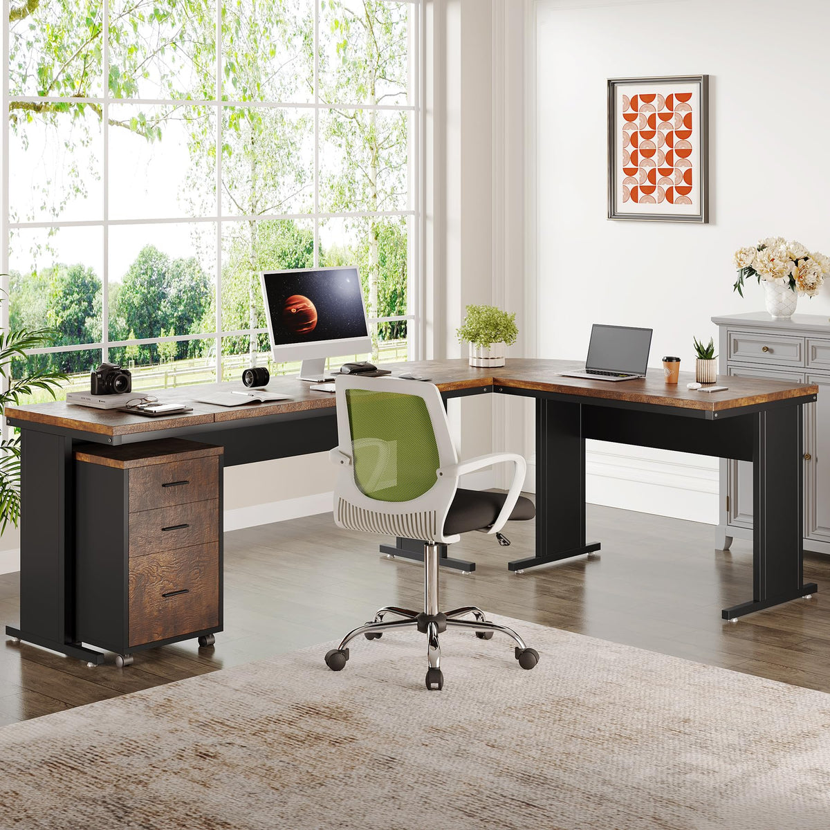 Tribesigns 83" L-Shaped Executive Desk, Large Office Desk with Drawers, Industrial Corner Computer Table with Rolling File Cabinet, Business Workstation for Home Office (Brown, 83 Inches)
