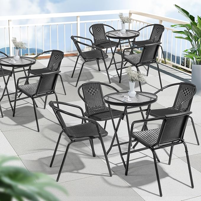 VINGLI PE Rattan Outdoor Dining Chairs Set of 4, Plastic Stackable Patio Chairs for Indoor, Porch, Restaurant, Garden, Black