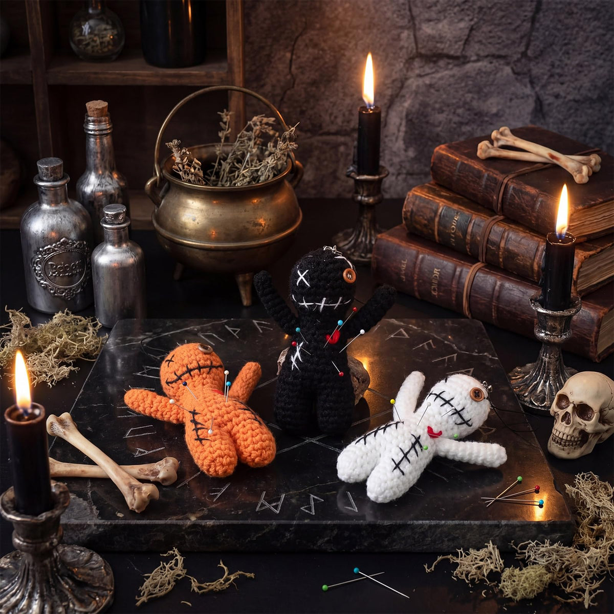 Poen 3 Pcs Voodoo Dolls Horror Doll with 30 Skull Pins, Christmas Stuffing Decoration Funny Inspirational Positive Ornaments Gifts for Friend Coworkers New Year Halloween Party Supplies (Crochet)