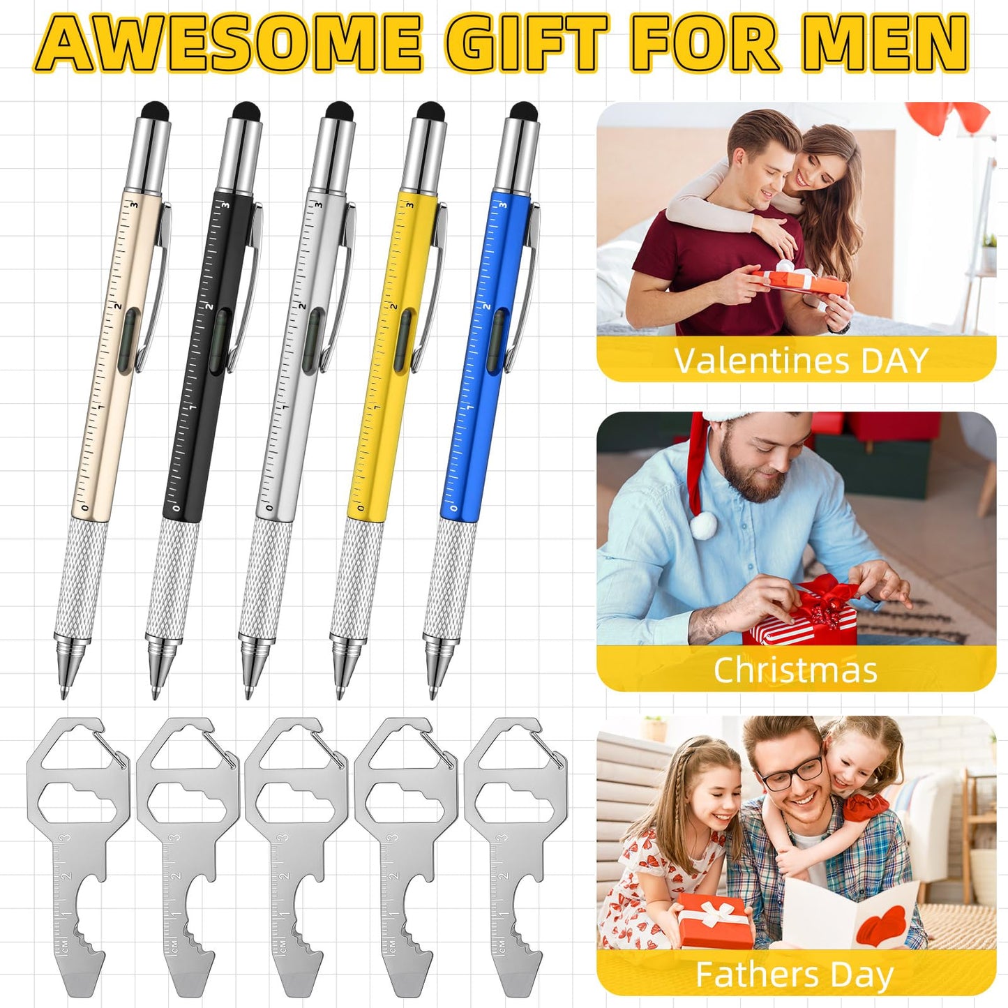 Yeaqee 30 Pcs Multi Tool Gifts For Men 6 In 1 Screwdriver Multi Tool Pens With Stainless Steel Keychain Multi-function Pens Bulk Men Gifts For Dad Husband Father's Day Birthday (Classic Color)