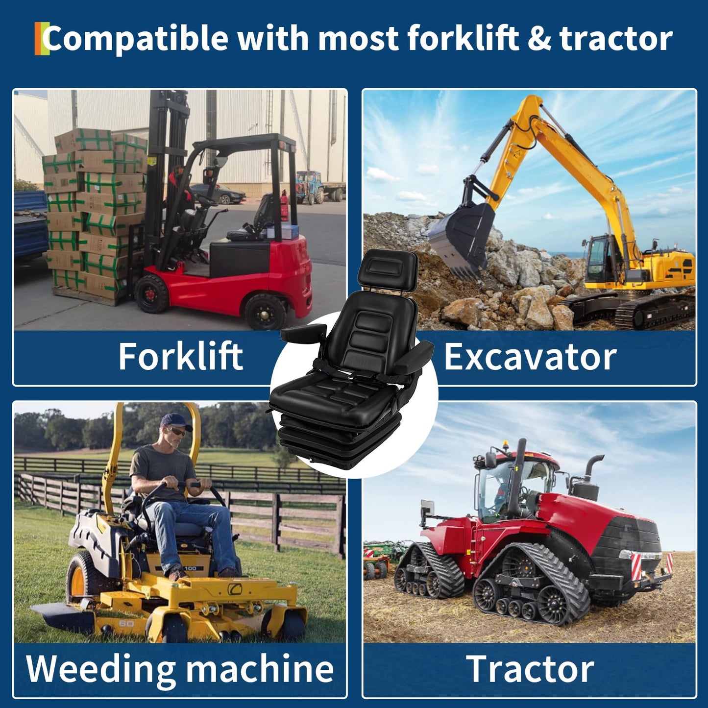 Suspension Seat Adjustable Backrest Headrest Armrest, Forklift Seat with Slide Rails, Foldable Heavy Duty for Tractor Forklift Excavator Skid Steer