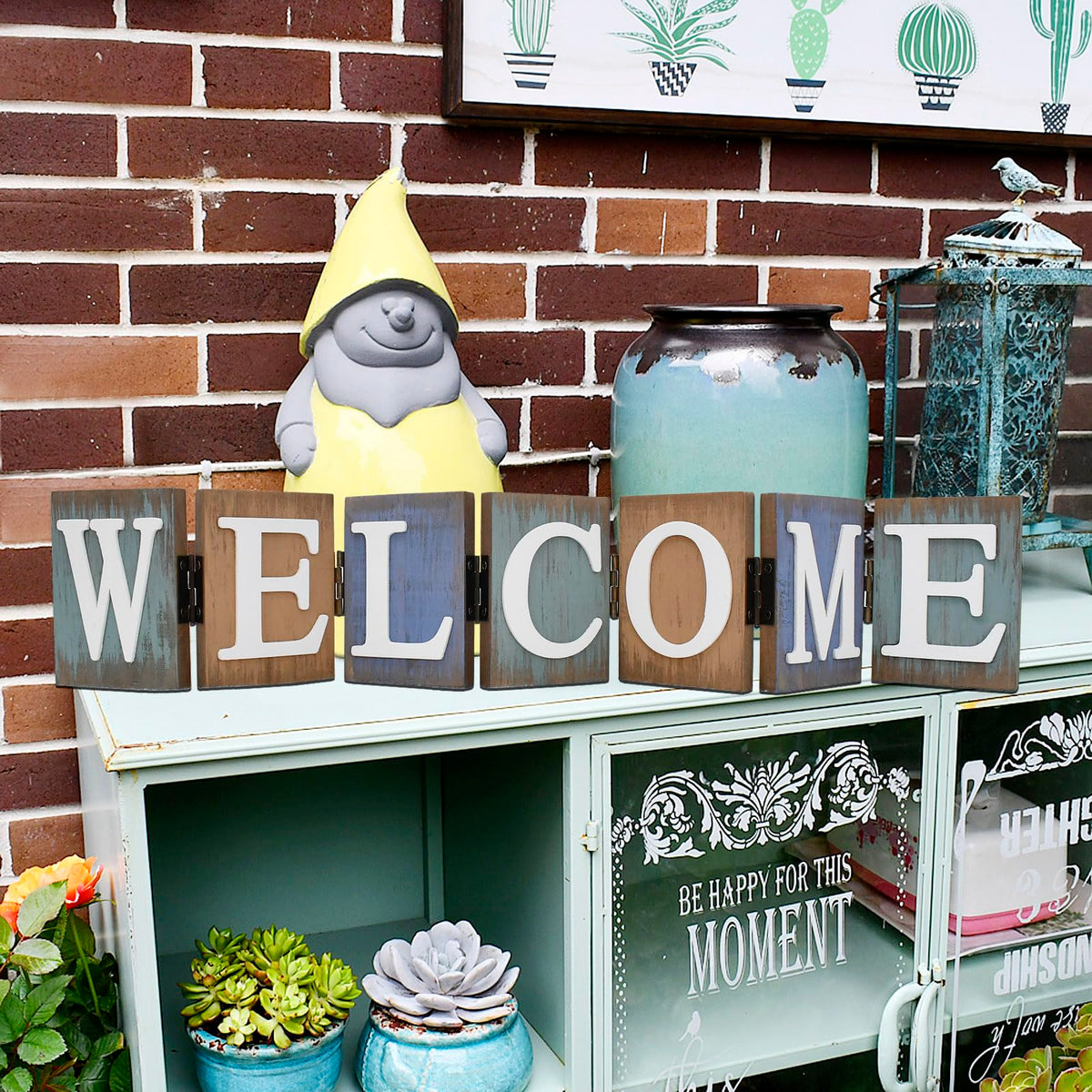 Linfevisi Wooden Welcome Sign Table Decor Wood Welcome Letters Sign Folding Rustic Wooden Word Signs for Living Room Kitchen Entryway Mantel Fireplace Shelf House Home Decoration 21.3X4 Inch