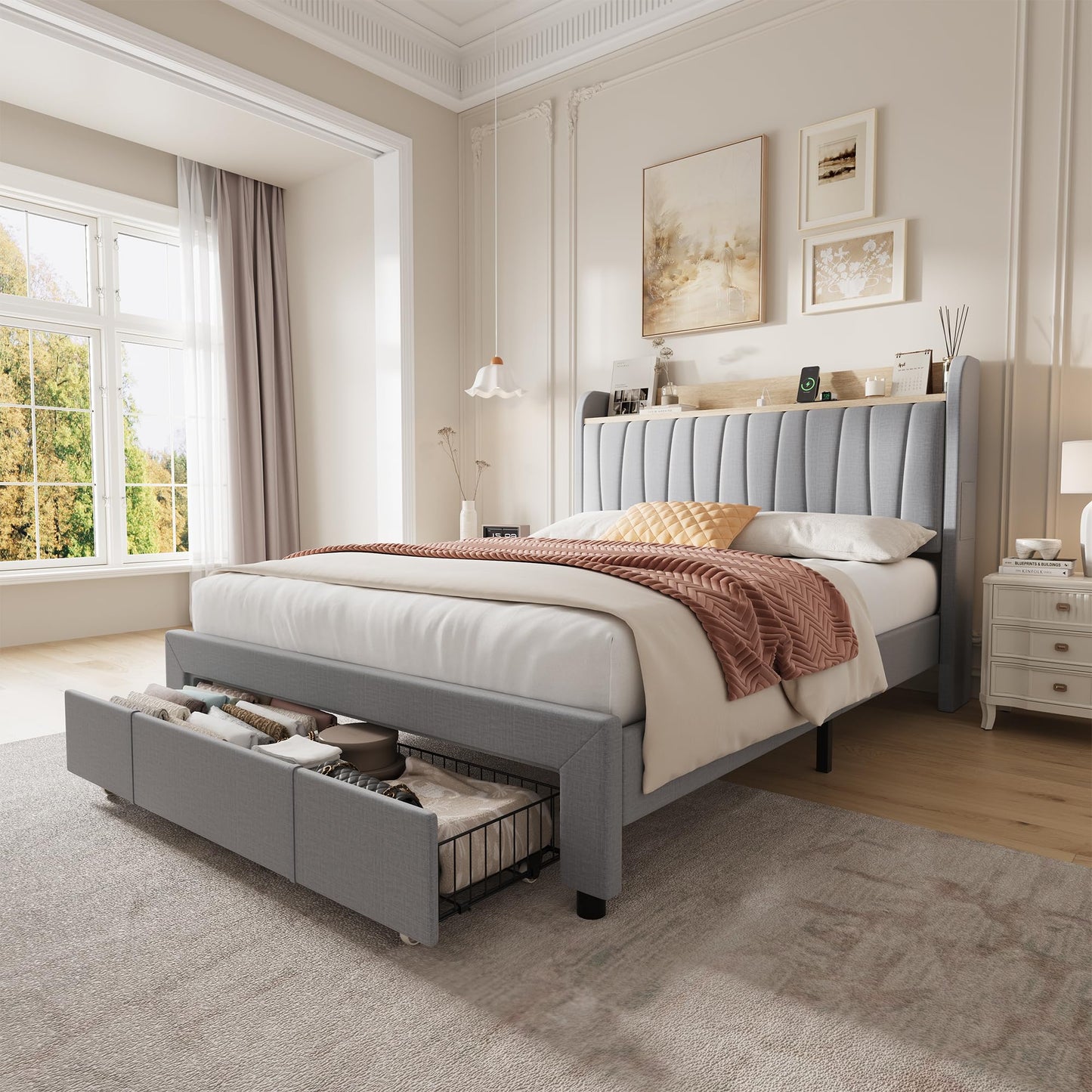 Jojoka Full Size Bed Frame, Upholstered Bedframe with Storage Headboard, Heavy Duty Full Bed with Drawers, Platform Base with Charging Station, Grey