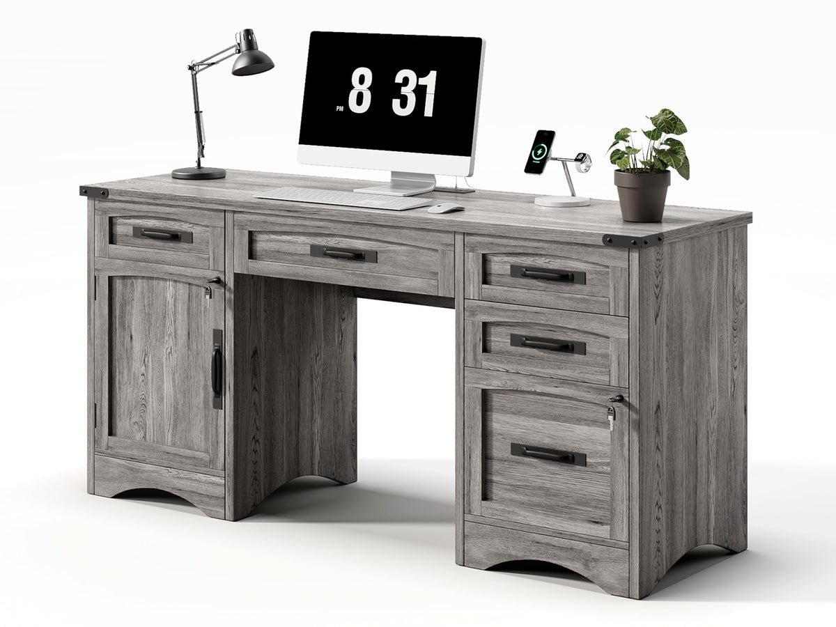 Decofy Farmhouse Executive Desk with Drawers, 55" Home Office Desks with Fast Charging Station, Lockable File Cabinet, Wood Writing Computer Desk for Work, Study, Grey