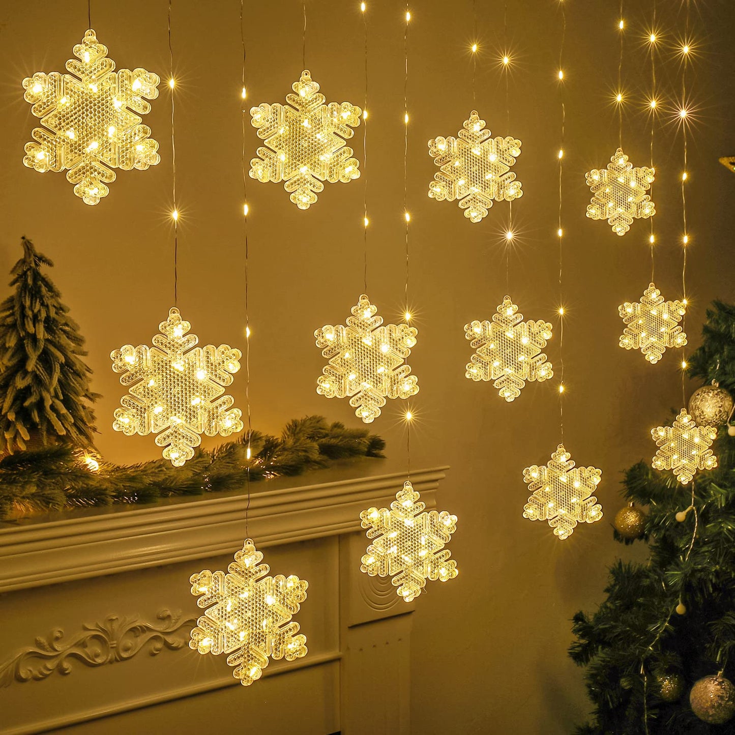 BLOOMWIN Window Lights Christmas Decor 10ft 12 Snowflakes Icicle Lights USB Christmas Curtain Lights for Bedroom Indoor Wall Winter Decorations for Home Church Wedding Birthday, 8 Modes, Warm White