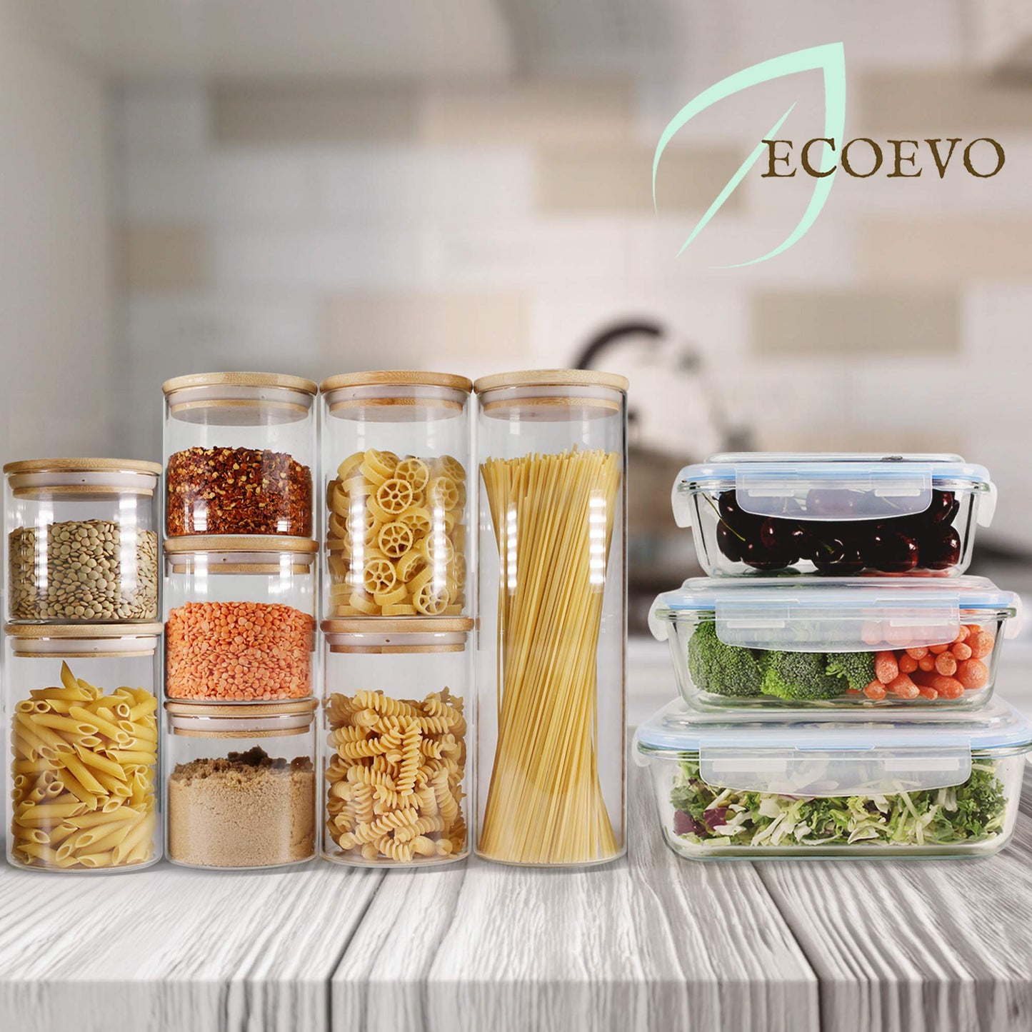 EcoEvo Glass Jars with Bamboo Lids (16oz in 9 Pack), Food Jars and Canisters Sets with lids, Food Storage Jars with Airtight Lids, Glass Pantry Jars