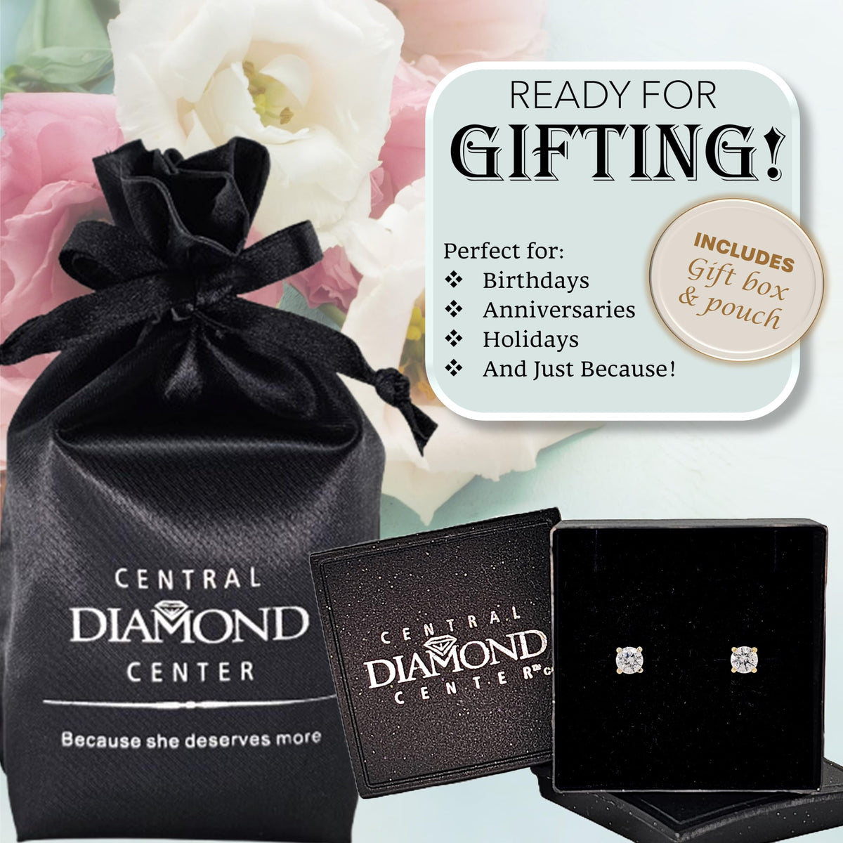 Central Diamond Center 14K Solid Gold Post & Sterling Silver Made with Swarovski 4 Prong CZ Stud Earrings - Yellow Gold Plated - 4.0mm - 0.50cttw