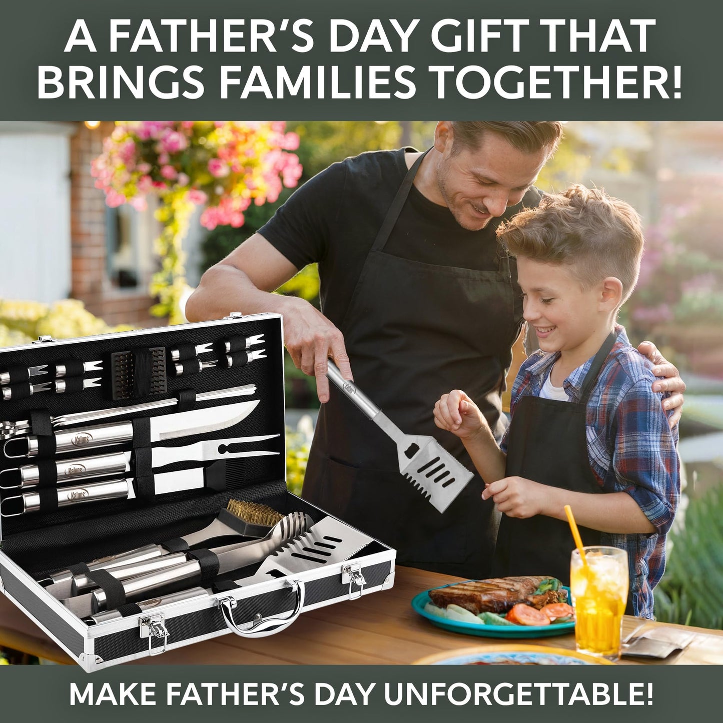 Kaluns Grilling Accessories, Dad Gifts for Fathers Day Grilling Gifts, Heavy Duty Stainless Steel BBQ Grill Tools Set for Outdoor Grill with Aluminum Case and Apron, Dad Birthday Gifts for Men Husband