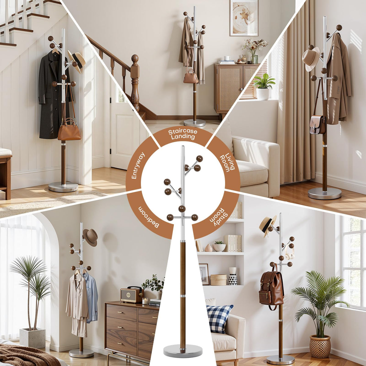 WOOW DEPOT Coat Rack Freestanding, Metal Coat Tree with 9 Rubber Wood Hooks, Heavy Duty Coat Hanger Stand with Marble and Stainless Steel Base, Standing Hall Tree for Clothes, Hats, Bags, Jacket