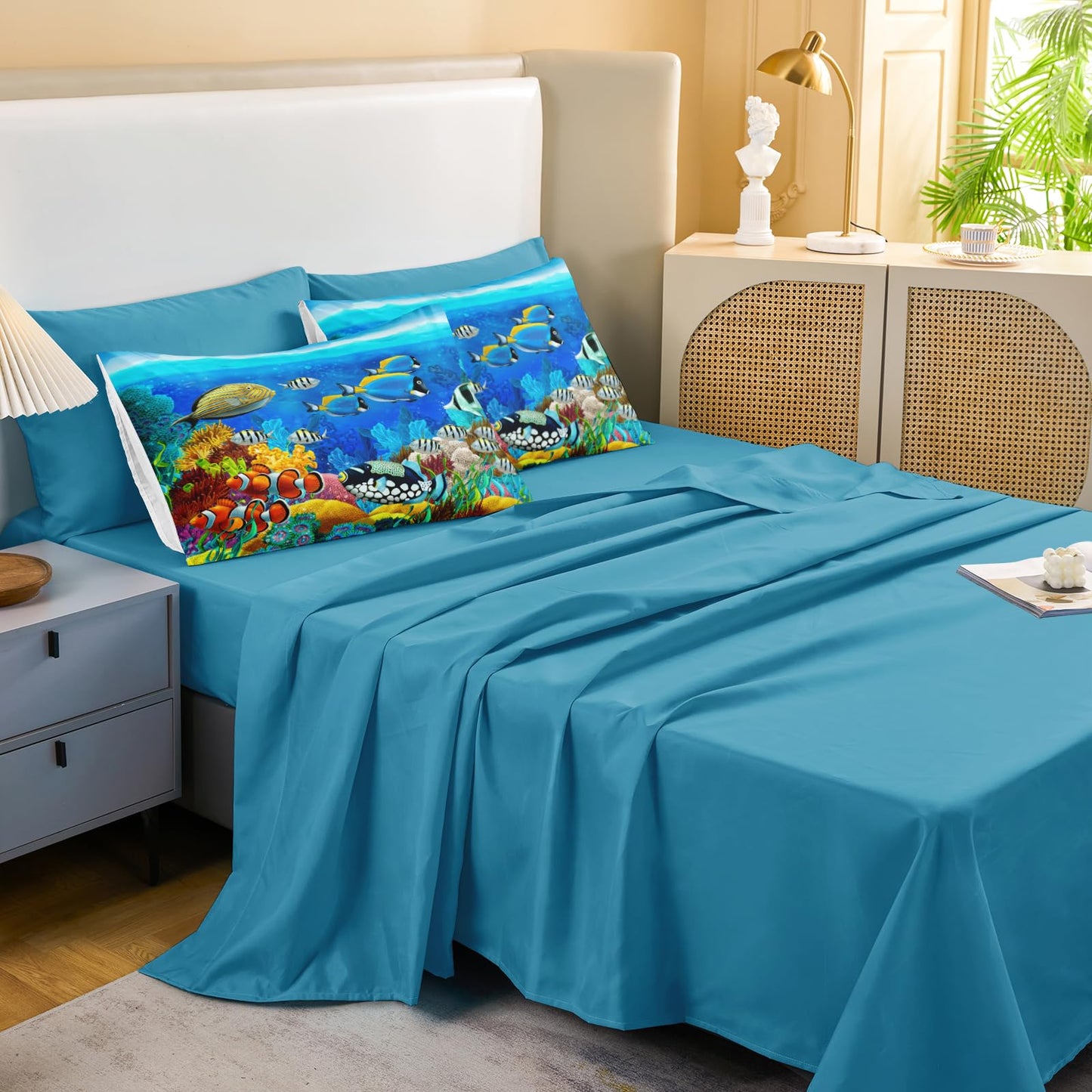 Bedding_Dreamer Ocean Queen Comforter 8 Pcs Sea Animal Tropical Fish Home Decor Sheet Set Blue Bed in a Bag with 1 Cushion Cover