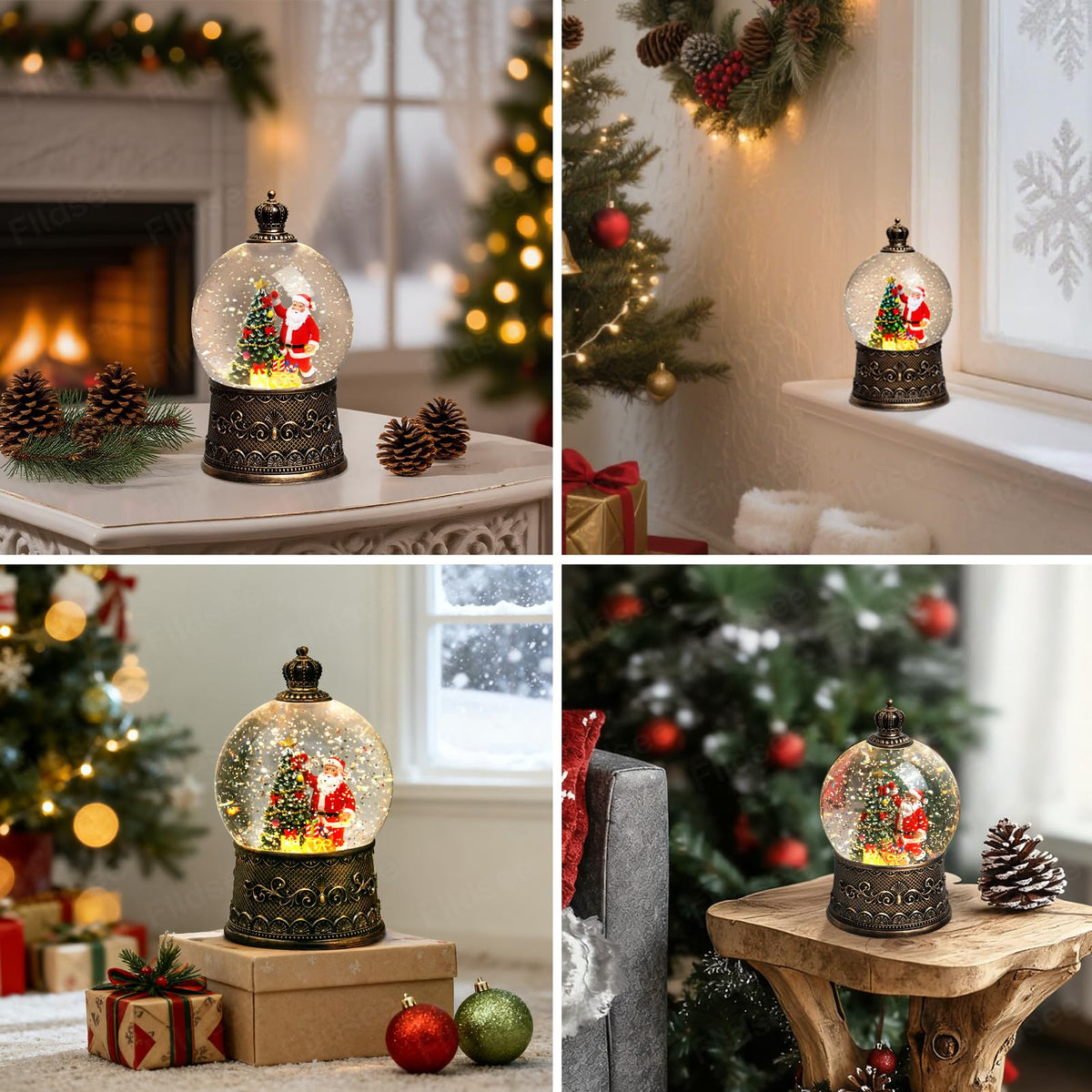 Flldsee Christmas Snow Globe Lantern, Glitter Musical Snowglobe Light with Timer, USB & Battery Powered Music Box, Santa Claus Christmas Tree Gifts, Holiday Decorations Indoor Home Decor