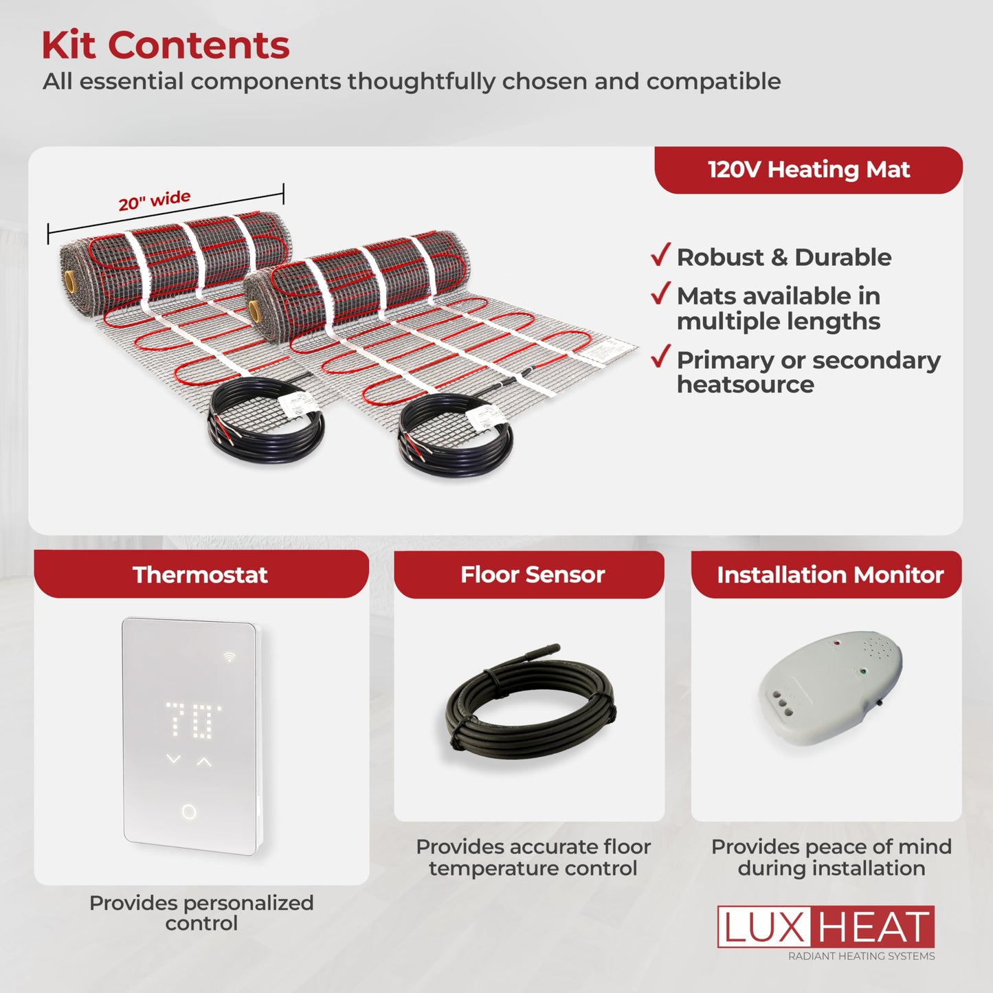 LuxHeat 110sqft Floor Heating Mat Kit - 120v Radiant Floor Heat System for Tile - Easy to Install Infloor Heat System - Includes UWG5 WiFi Programmable Thermostat w/GFCI, Alarm & Flooring Sensor