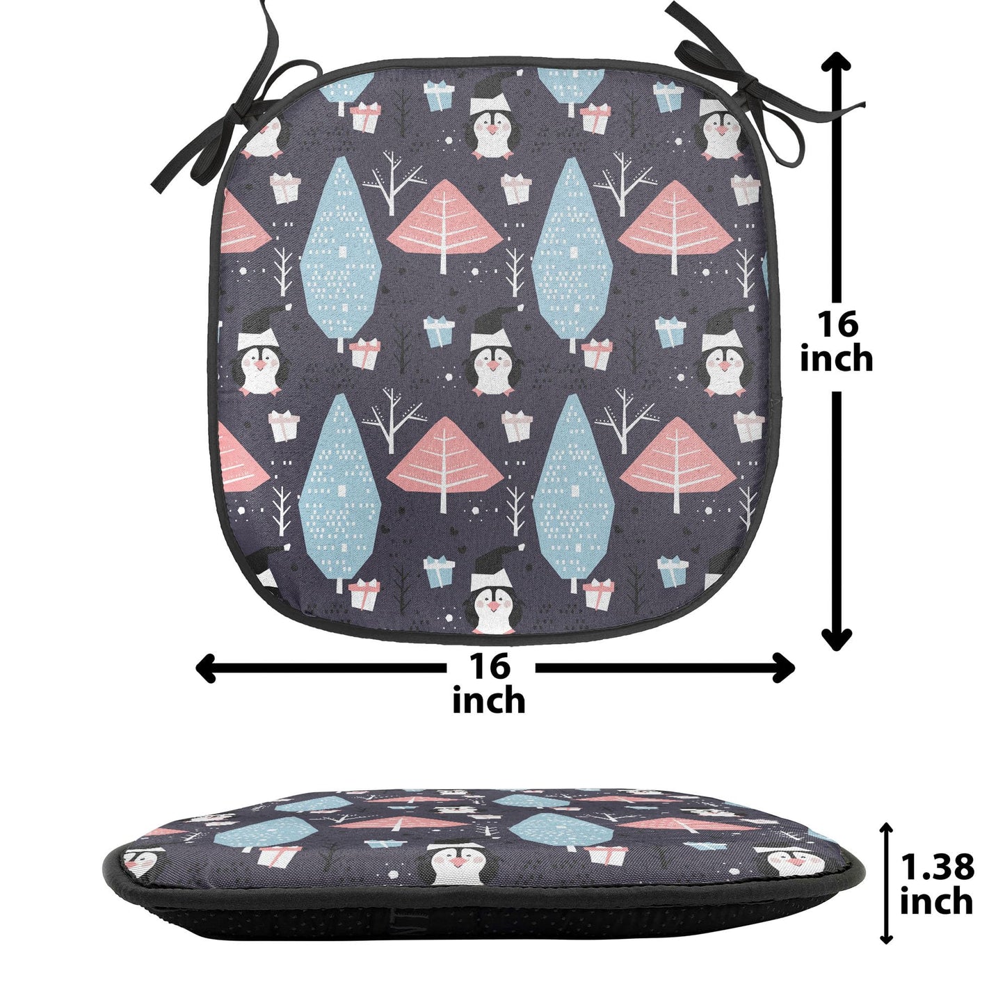 Lunarable Christmas Chair Seating Cushion, Winter Trees and Penguins with Gift Boxes Noel Happy New Year Theme, Anti-Slip Seat Padding for Kitchen & Patio, 16"x16", Pale Blue Pastel Pink