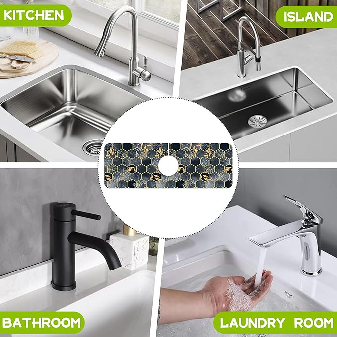 Kitchen Sink Splash Hexagon Marble and Golden Leaves Guard Faucet Mat Super