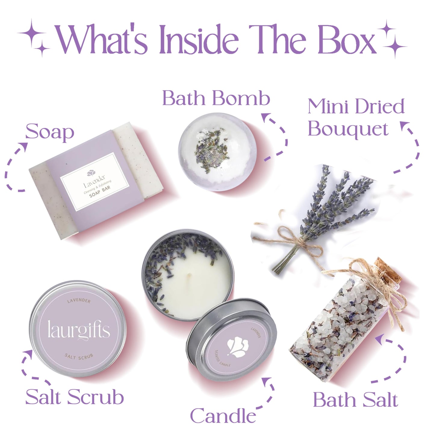 Mothers Day Gifts for Mom – Lavender Spa Gift Box, Small Candle Set with Bath Gifts, Relaxing Self Care Basket, Birthday Gift for Women